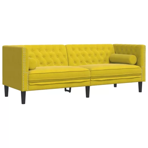 3 személyes sárga bársony Chesterfield kanapé hengerpárnákkal
