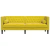 3 személyes sárga bársony Chesterfield kanapé hengerpárnákkal