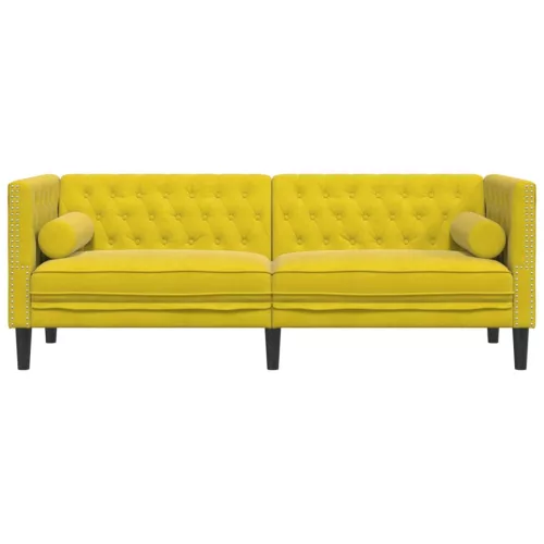 3 személyes sárga bársony Chesterfield kanapé hengerpárnákkal