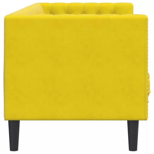 3 személyes sárga bársony Chesterfield kanapé hengerpárnákkal