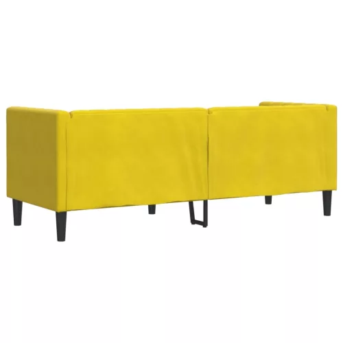 3 személyes sárga bársony Chesterfield kanapé hengerpárnákkal