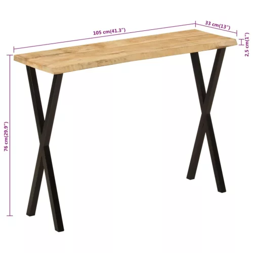 Tömör mangófa konzolasztal természetes éllel 105 x 33 x 76 cm