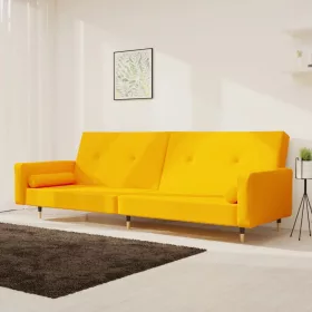 Kétszemélyes sárga bársony kanapéágy két párnával