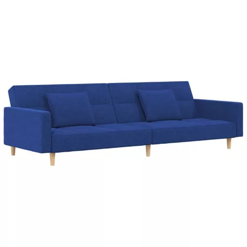 Kétszemélyes kék szövet kanapéágy két párnával