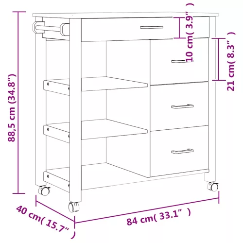 MONZA tömör fenyőfa konyhai kocsi 84 x 40 x 88,5 cm