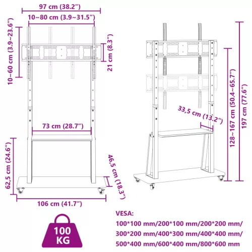 Görgős TV-állvány 32"-90" képernyőhöz max VESA 800x600 mm 100kg