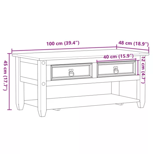 Corona tömör fenyőfa dohányzóasztal fiókokkal 100x48x45 cm