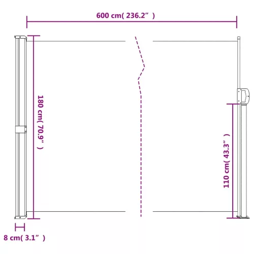 Sötétzöld behúzható oldalsó napellenző 180 x 600 cm