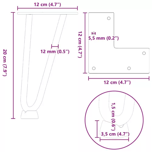 4 db fekete, tömör acél hajtűláb dohányzóasztalhoz, 20 cm
