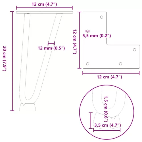 4 db fehér, tömör acél hajtűláb dohányzóasztalhoz 20 cm