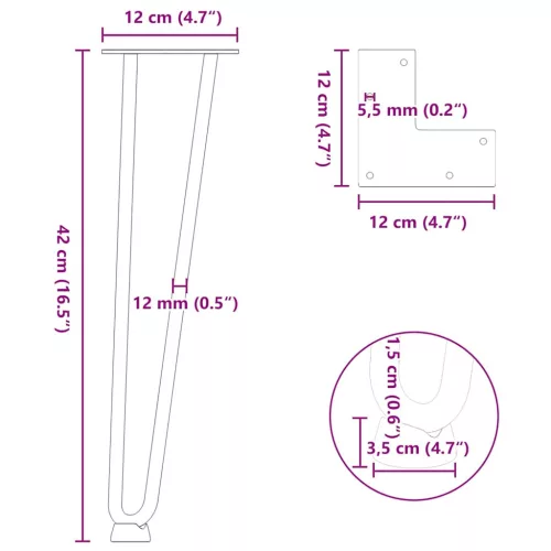 4 db fekete, tömör acél hajtűláb dohányzóasztalhoz 42 cm
