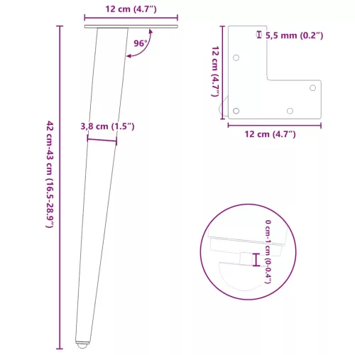 4 db kúpos alakú fekete dohányzóasztal láb 42-43 cm acél