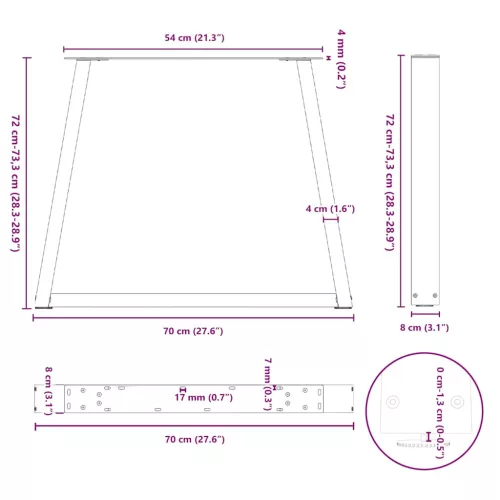 2 db fekete, V-alakú acél étkezőasztal láb 70 x (72-73,3) cm