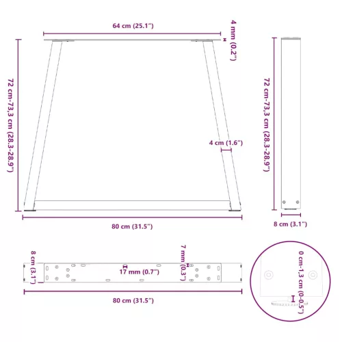2 db fekete, V-alakú acél étkezőasztal láb 80 x (72-73,3) cm