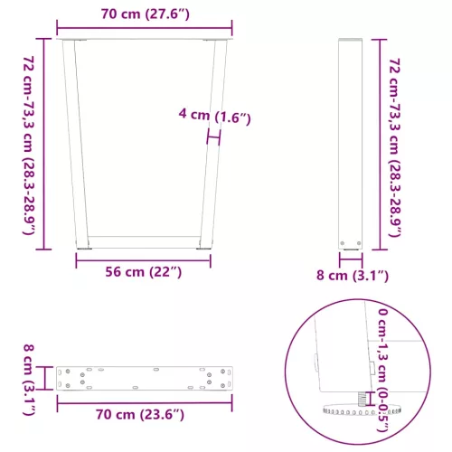 2 db fekete, V-alakú acél étkezőasztal láb 70 x (72-73,3) cm