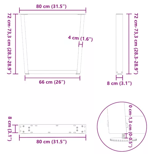 2 db antracitszürke, V-alakú acél étkezőasztal láb 80 x (72-73,3) cm