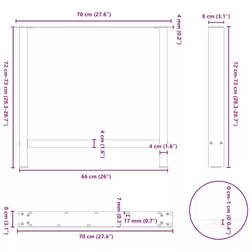 2 db fekete acél étkezőasztal láb 70 x (72-73) cm