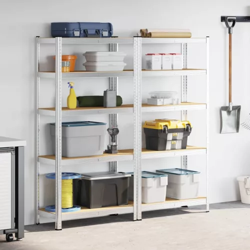 5 rétegű tárolópolcok 2 db ezüst acél és mérnöki fa