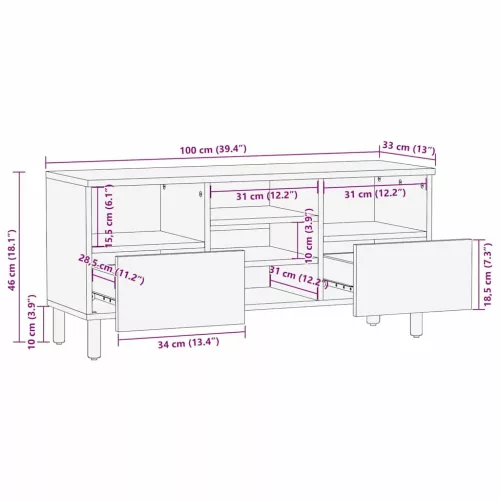 TV Szekrény fiókkal Barna 100 x 33.5 x 46 cm Tömör akácfa