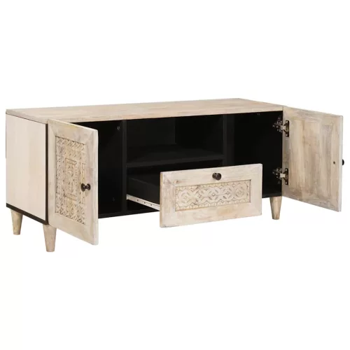 TV szekrény fiókkal Fehér 105 x 33 x 46 cm tömör mangófa