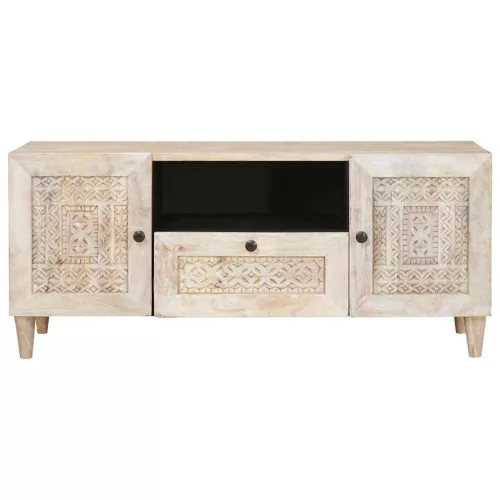 TV szekrény fiókkal Fehér 105 x 33 x 46 cm tömör mangófa