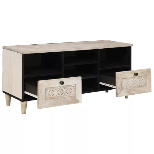 TV szekrény fiókkal Fehér 100 x 33 x 46 cm tömör mangófa