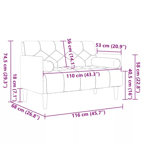 Fekete bársony loveseat kanapé párnákkal 110 cm