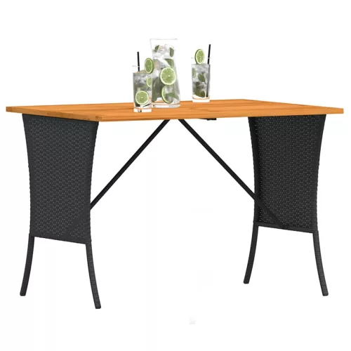 Fekete polyrattan kerti asztal akácfa lappal 105x75x72 cm