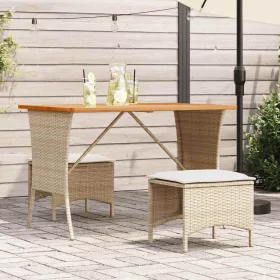 Bézs polyrattan akácfa lapos kerti asztal 105x75x72 cm