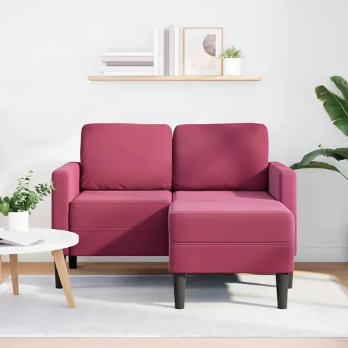 Borvörös bársony 2 üléses kanapé L-alakú kanapéval 125 cm