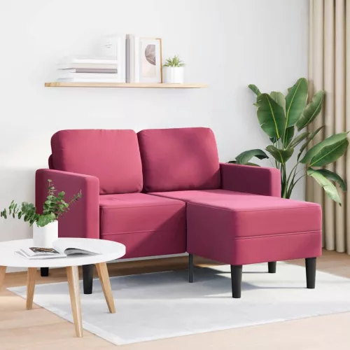 Borvörös bársony 2 üléses kanapé L-alakú kanapéval 125 cm