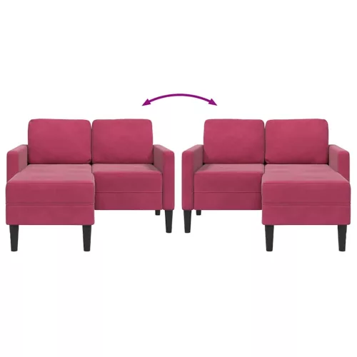 Borvörös bársony 2 üléses kanapé L-alakú kanapéval 125 cm