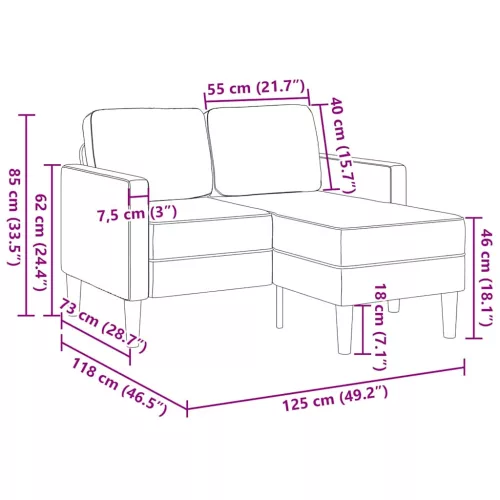Szürke-zöld vászon 2 üléses kanapé L-alakú kanapéval 125 cm