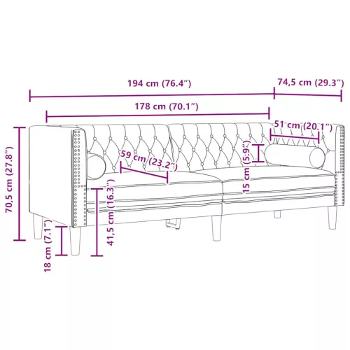 Chesterfield kanapé Világosszürke 194 x 74.5 x 70.5 cm Bársony