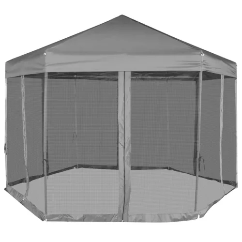 Szürke hatszögletű felugró pavilon 6 oldalfallal 3,6 x 3,1 m