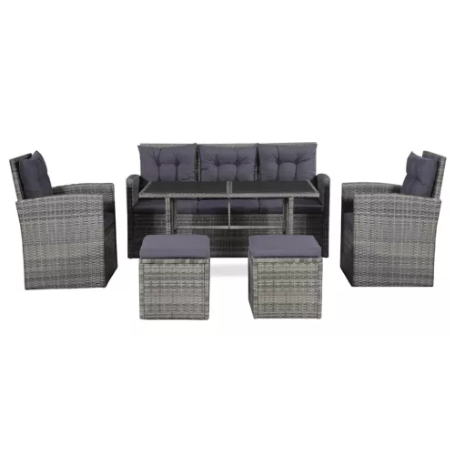 6-részes szürke polyrattan kerti bútorszett párnákkal