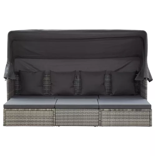 Szürke polyrattan kerti napozóágy tetővel