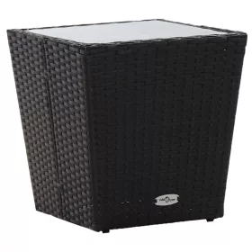   Fekete polyrattan és edzett üveg teázóasztal 41,5x41,5x43 cm