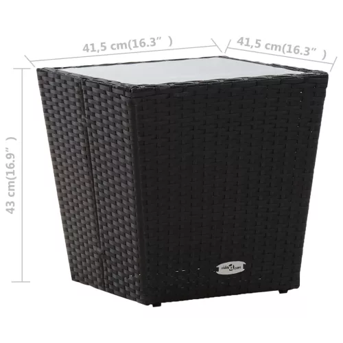 Fekete polyrattan és edzett üveg teázóasztal 41,5x41,5x43 cm
