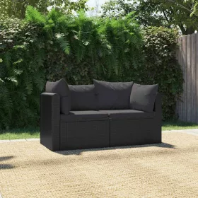   2-részes fekete polyrattan kerti ülőgarnitúra párnákkal