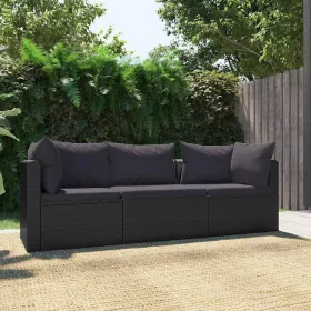   3 darabos fekete polyrattan kerti ülőgarnitúra párnákkal