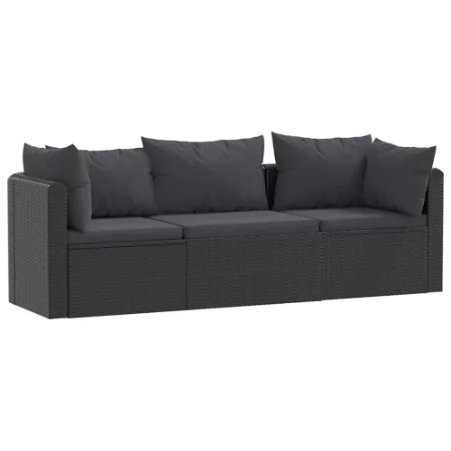 3 darabos fekete polyrattan kerti ülőgarnitúra párnákkal