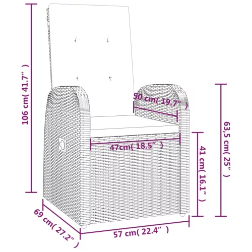 2 db szürke dönthető háttámlás polyrattan kerti szék párnával