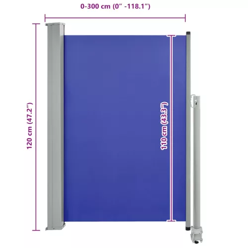 Kék behúzható oldalsó teraszi napellenző 120 x 300 cm