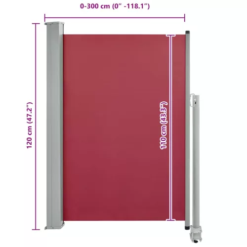 Piros behúzható oldalsó teraszi napellenző 120 x 300 cm