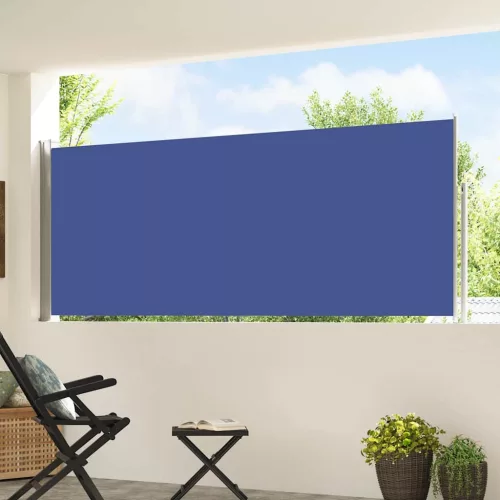 Kék behúzható oldalsó teraszi napellenző 120 x 500 cm