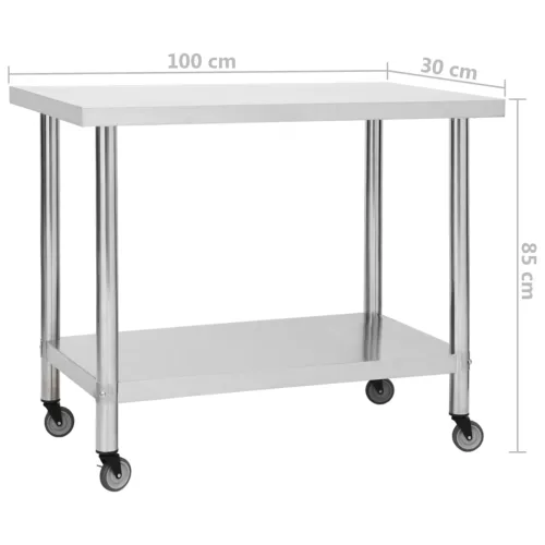 Rozsdamentes acél konyhai munkaasztal kerekekkel 100x30x85 cm