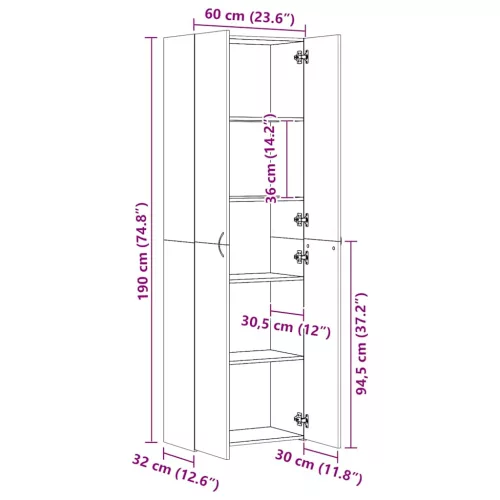 Betonszürke szerelt fa irodaszekrény 60 x 32 x 190 cm