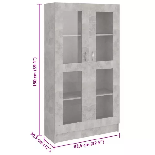 Betonszürke szerelt fa vitrinszekrény 82,5 x 30,5 x 150 cm