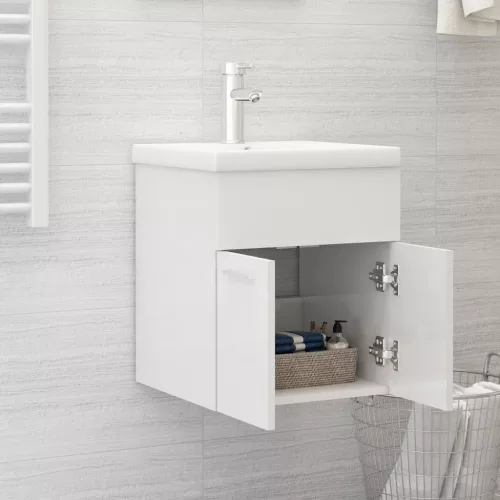 Magasfényű fehér szerelt fa mosdószekrény 41 x 38,5 x 46 cm